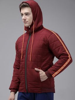 Voxati - Men Maroon Polyester Hooded Stripes Puffer Jacket