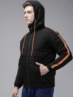 Voxati - Men Black Polyester Hooded Stripes Puffer Jacket