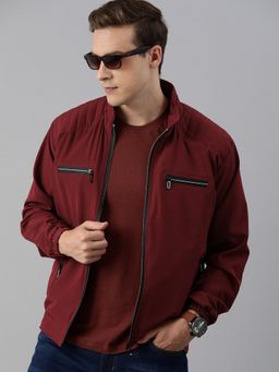 Voxati - Men Maroon Polyester High Neck Solid Windcheater Jacket