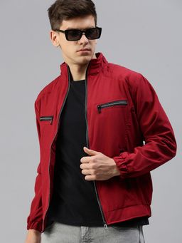 Voxati - Men Red Polyester High Neck Solid Windcheater Jacket