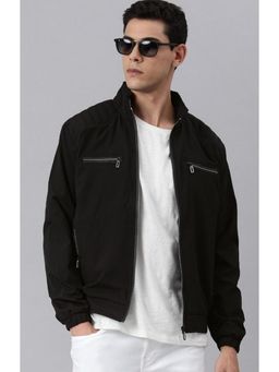 Voxati - Men Black Polyester High Neck Solid Windcheater Jacket