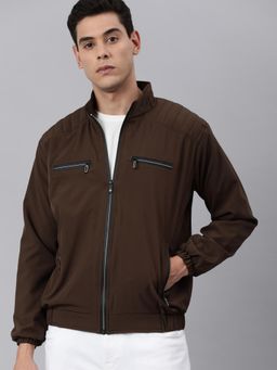 Voxati - Men Brown Polyester High Neck Solid Bomber Jacket