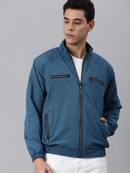 Voxati - Men Blue Polyester High Neck Solid Bomber Jacket