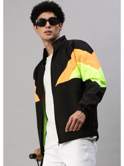 Voxati - Men Black Polyester High Neck Colorblock Windcheater Jacket