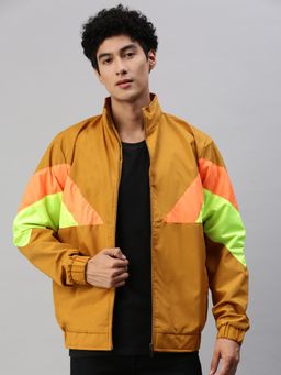 Voxati - Men Mustard Polyester High Neck Colorblock Windcheater Jacket