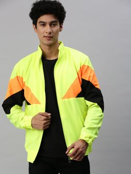 Voxati - Men Green Polyester High Neck Colorblock Windcheater Jacket
