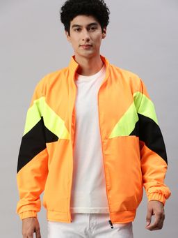 Voxati - Men Orange Polyester High Neck Colorblock Windcheater Jacket