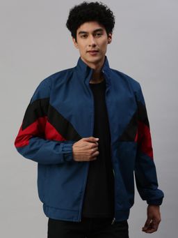 Voxati - Men Blue Polyester High Neck Colorblock Windcheater Jacket
