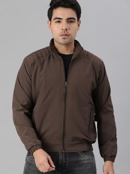 Voxati - Men Brown Polyester High Neck Solid Windcheater Jacket