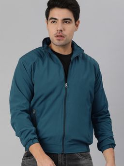 Voxati - Men Blue Polyester High Neck Solid Windcheater Jacket