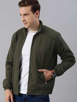 Voxati - Men Olive Polyester High Neck Solid Windcheater Jacket