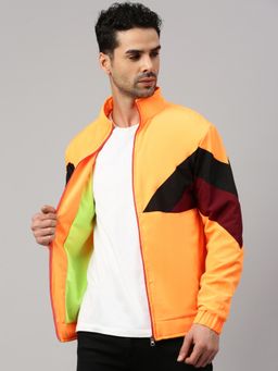 Voxati - Men Orange Polyester High Neck Colorblock Windcheater Jacket
