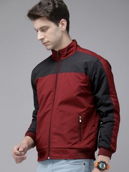 Voxati - Men Maroon Polyester High Neck Colorblock Windcheater Jacket