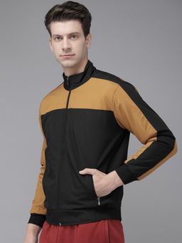 Voxati - Men Black Polyester High Neck Colorblock Windcheater Jacket