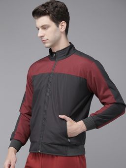 Voxati - Men Grey Polyester High Neck Colorblock Windcheater Jacket