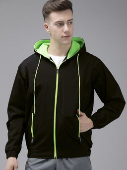 Voxati - Men Black Polyester Hooded Solid Windcheater Jacket