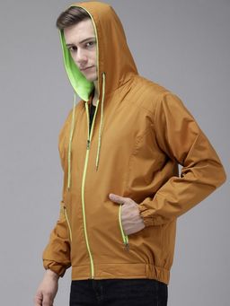 Voxati - Men Mustard Polyester Hooded Solid Windcheater Jacket