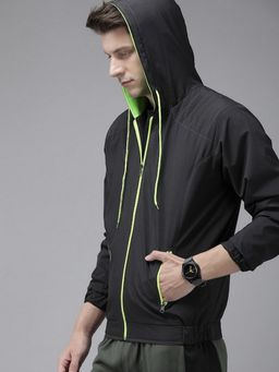 Voxati - Men Black Polyester Hooded Solid Windcheater Jacket