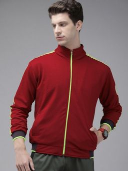 Voxati - Men Maroon Polyester High Neck Stripes Bomber Jacket