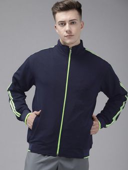 Voxati - Men Blue Polyester High Neck Stripes Windcheater Jacket