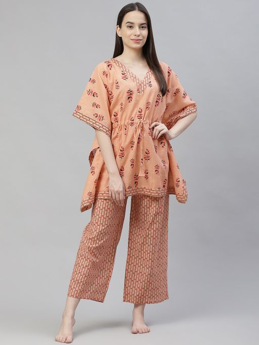 Buy Laado Peach Floral Print Pure Cotton Kaftan Night Suit (Set of 2) Online