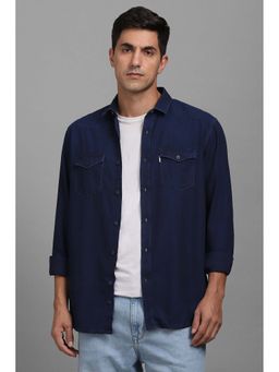 Louis Philippe - Men Navy Blue Slim Fit Solid Full Sleeves Shirt
