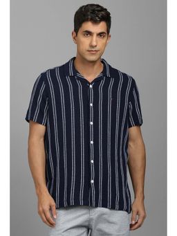 Louis Philippe - Men Navy Blue Stripes Half Sleeves Shirt