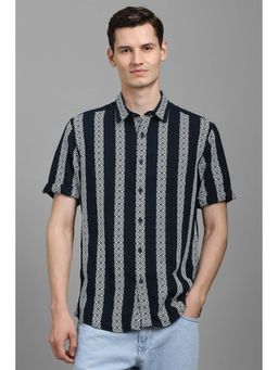 Louis Philippe - Men Navy Blue Self Design Half Sleeves Shirt