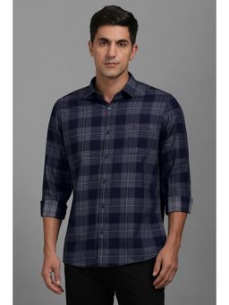 Louis Philippe - Men Navy Blue Slim Fit Checks Full Sleeves Shirt