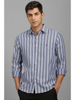 Louis Philippe - Men Navy Blue Stripes Full Sleeves Shirt