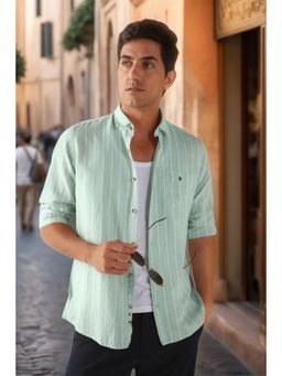 Louis Philippe - Men Green Stripes Full Sleeves Shirt