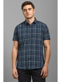 Louis Philippe - Men Navy Blue Checks Half Sleeves Shirt