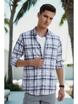 Peter England - Men Navy Blue Checks Full Sleeves Shirt