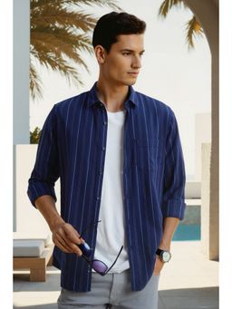 Peter England - Men Navy Blue Stripes Full Sleeves Shirt