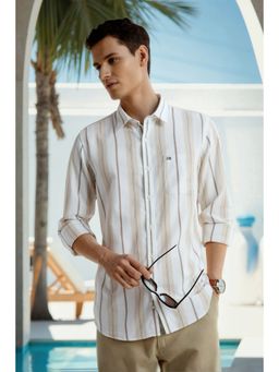 Peter England - Men White and Beige Stripes Full Sleeves Shirt