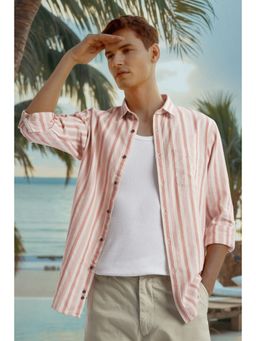 Peter England - Men Peach Stripes Full Sleeves Shirt