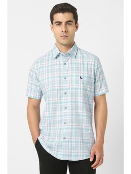 Van Heusen - Men Sky Blue Checks Half Sleeves Shirt