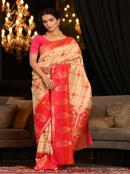 Beatitude - Cream Woven Banarasi Saree with Unstitched Blouse