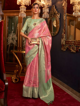 Odette - Festive Pink Silk Blend Woven Saree with Unstitched Blouse