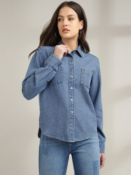 Xpose - Women Blue Smart Button-Down Collar Casual Cotton Denim Shirt