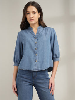 Xpose - Women Blue Mandarin Collar Three-Quarter Sleeves Casual Shirt