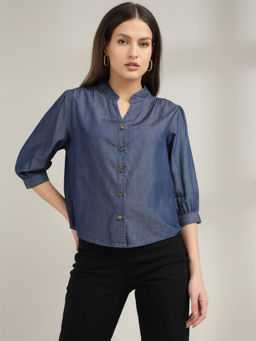 Xpose - Women Navy Blue Mandarin Collar Three-Quarter Sleeves Casual Shirt