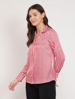 FableStreet - Red and White Satin Striped Shirt