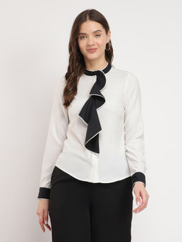 FableStreet - White Cascade Shirt with Scarf (Set of 2)