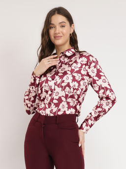 FableStreet - Burgundy Satin Floral Shirt