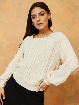 Styli - Off-white Cable Knit Square Neck Regular Fit Sweater