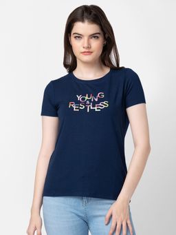 Spykar - Women Navy Blue Cotton Slim Fit Printed T-shirt