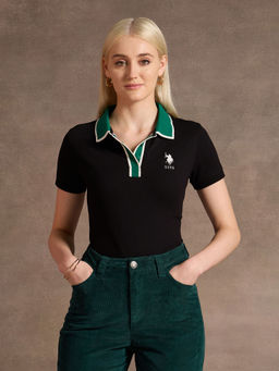 U.S. POLO ASSN. - Contrast Collar Cotton Polo T-Shirt - Black