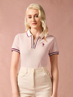 U.S. POLO ASSN. - Zip Up Cotton Polo T-Shirt - Pink