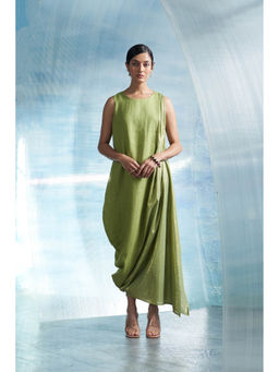 Charkhee - Aura Sheen Green Linen Drape Dress with Belt (Set of 2)